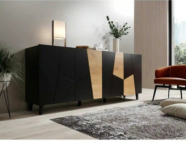 Comoda ETNA, negru/stejar, PAL/plastic, 200x42x82 cm
