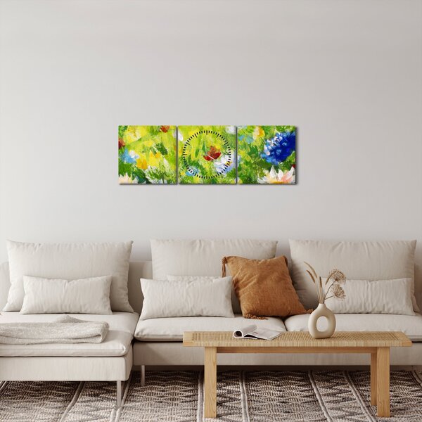 Tablou - Pictură în ulei, pajiște înflorită (cu ceas) (90x30 cm)