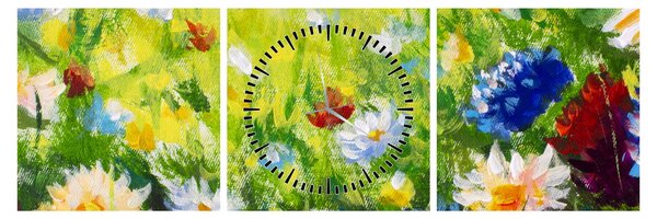 Tablou - Pictură în ulei, pajiște înflorită (cu ceas) (90x30 cm)