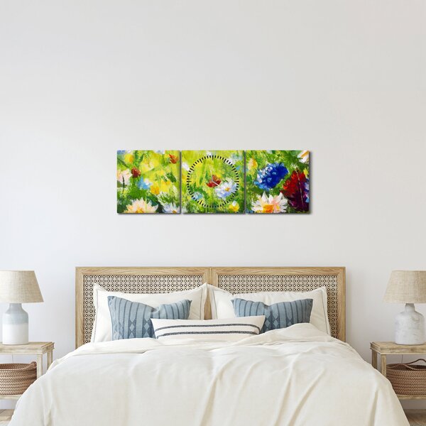 Tablou - Pictură în ulei, pajiște înflorită (cu ceas) (90x30 cm)