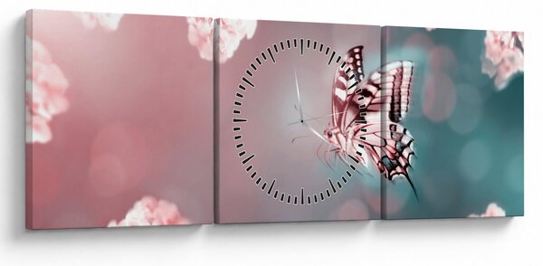Tablou - Fluture între flori (cu ceas) (90x30 cm)