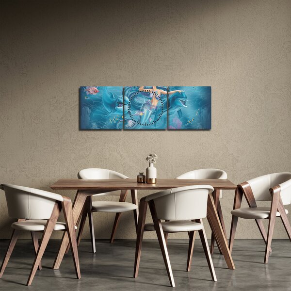Tablou - Sirenă cu delfini (cu ceas) (90x30 cm)