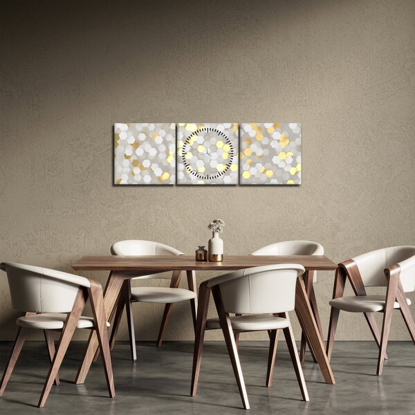 Tablou - Hexagoane alb - auriu (cu ceas) (90x30 cm)