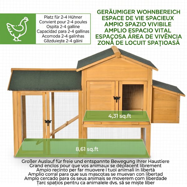Cotet din lemn PawHut cu Casuta, Spatiu Deschis si Plasa 168x75x103cm | Aosom RO