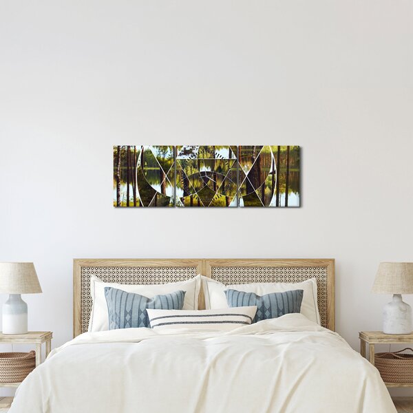 Tablou - Colaj geometric pe fundalul pădurilor nordice (cu ceas) (90x30 cm)