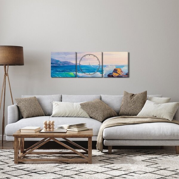 Tablou - Valuri lovind stânci, pictură în ulei (cu ceas) (90x30 cm)
