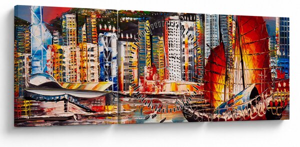 Tablou - Victoria Harbour, Hong Kong, pictură în ulei (cu ceas) (90x30 cm)