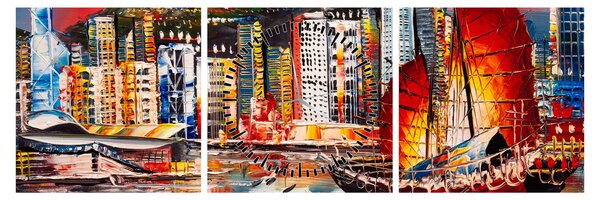 Tablou - Victoria Harbour, Hong Kong, pictură în ulei (cu ceas) (90x30 cm)
