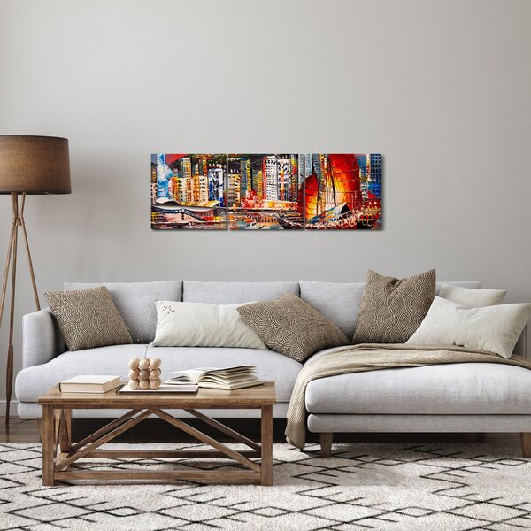 Tablou - Victoria Harbour, Hong Kong, pictură în ulei (cu ceas) (90x30 cm)