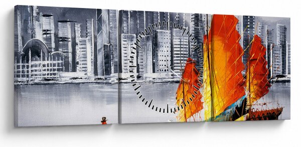 Tablou - Victoria Harbour, Hong Kong, pictură în ulei alb- negru (cu ceas) (90x30 cm)
