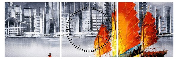 Tablou - Victoria Harbour, Hong Kong, pictură în ulei alb- negru (cu ceas) (90x30 cm)
