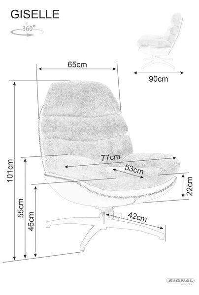 Fotoliu rotativ GISELLE, gri, stofa/piele ecologica/metal, 77x90x101 c