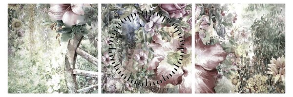Tablou - Flori pe roata de lemn (cu ceas) (90x30 cm)