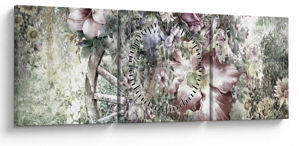 Tablou - Flori pe roata de lemn (cu ceas) (90x30 cm)