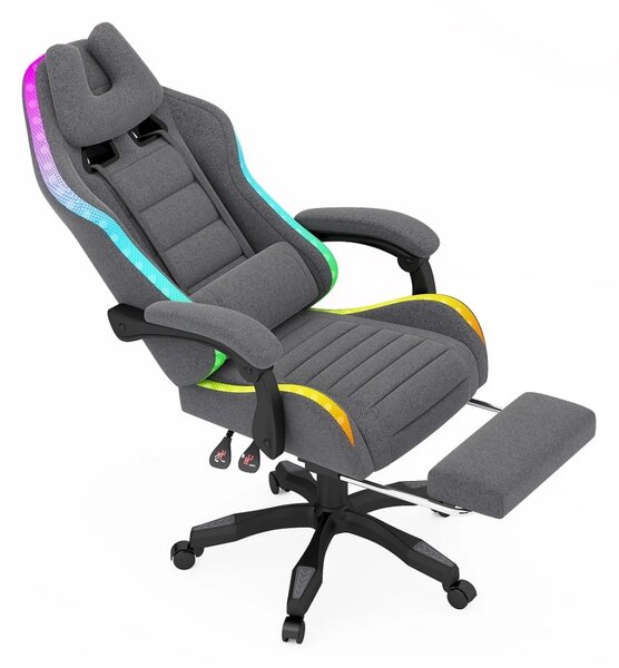 RESIGILAT- Scaun gaming, sistem iluminare bandă LED RGB, suport picioare, material textil, Gri