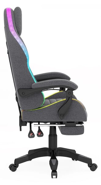 RESIGILAT- Scaun gaming, sistem iluminare bandă LED RGB, suport picioare, material textil, Gri
