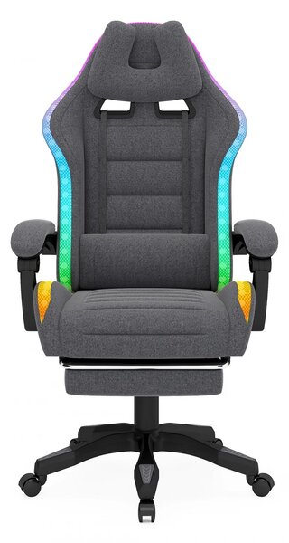 RESIGILAT- Scaun gaming, sistem iluminare bandă LED RGB, suport picioare, material textil, Gri