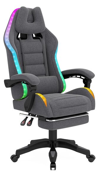 RESIGILAT- Scaun gaming, sistem iluminare bandă LED RGB, suport picioare, material textil, Gri