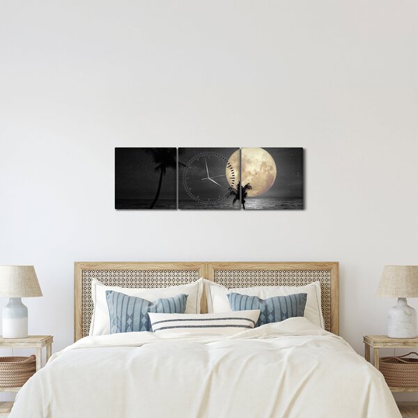 Tablou - Plaja cu lună plină, nuanțe gri (cu ceas) (90x30 cm)
