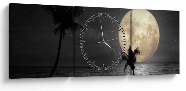 Tablou - Plaja cu lună plină, nuanțe gri (cu ceas) (90x30 cm)