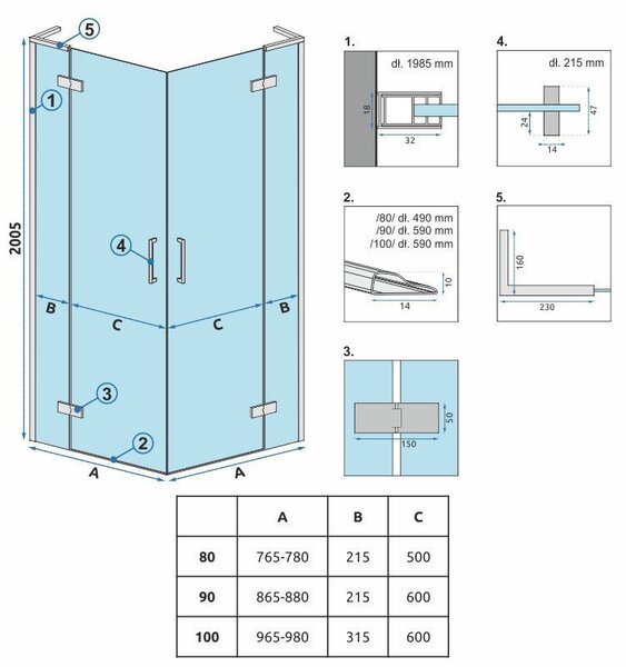 Cabină de duș Rea Hugo Double cu 2 aripi 80 (ușă) x 80 (ușă) x 200 cm, sticlă gri 6 mm, profil cupru, KPL-K6971