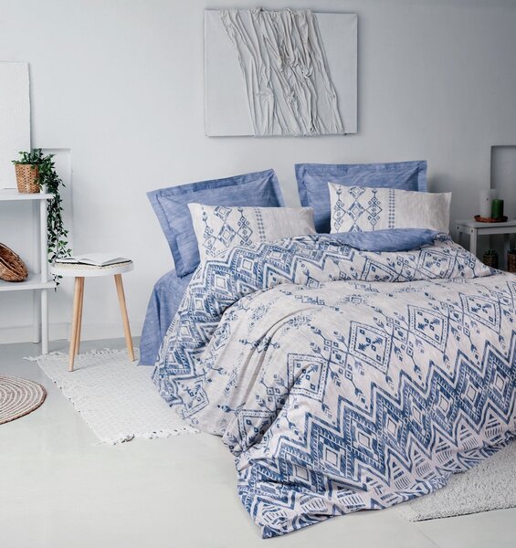 Set lenjerie pat dublu CLEO, bumbac, alb/albastru, 240x260 cm, cu cear