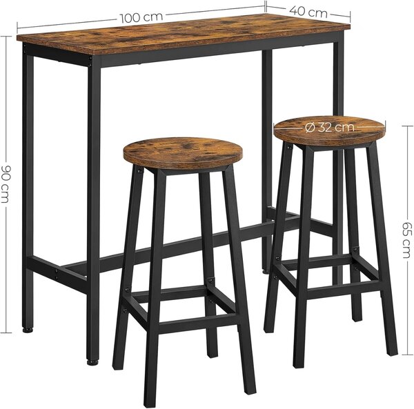 Set masa de bar si 2 scaune de bar Vasagle Maro, 40 x 100 x 90 cm