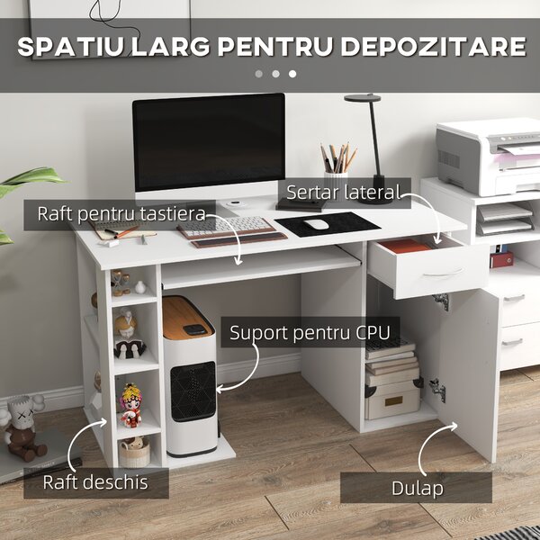 HOMCOM Birou pentru PC, Ergonomic, cu Rafturi, Dulap, Sertar și Suport pentru Tastatură Extensibilă, 120x60x74 cm, Alb | Aosom Romania
