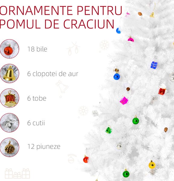 Brad de Crăciun 180 cm con 930 Ramuri Împodobit, Alb, Decoratiune de Craciun de sarbatori HOMCOM | Aosom Romania