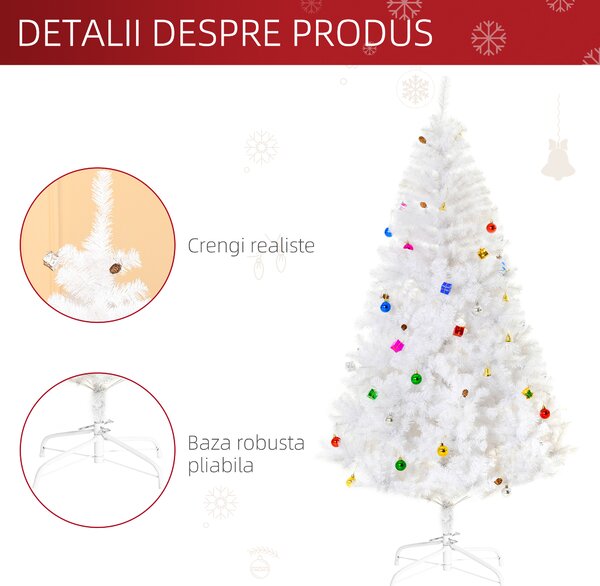 Brad de Crăciun 180 cm con 930 Ramuri Împodobit, Alb, Decoratiune de Craciun de sarbatori HOMCOM | Aosom Romania