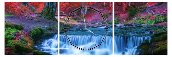 Tablou - Cascada în pădurea roșie (cu ceas) (90x30 cm)