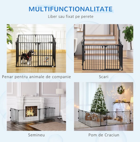 PawHut Barieră de Securitate pentru Câini, Portiță Pliabilă cu 8 Secțiuni, Sistem de Blocare, Închidere Automată, 482.5x76 cm, Negru | Aosom Romania