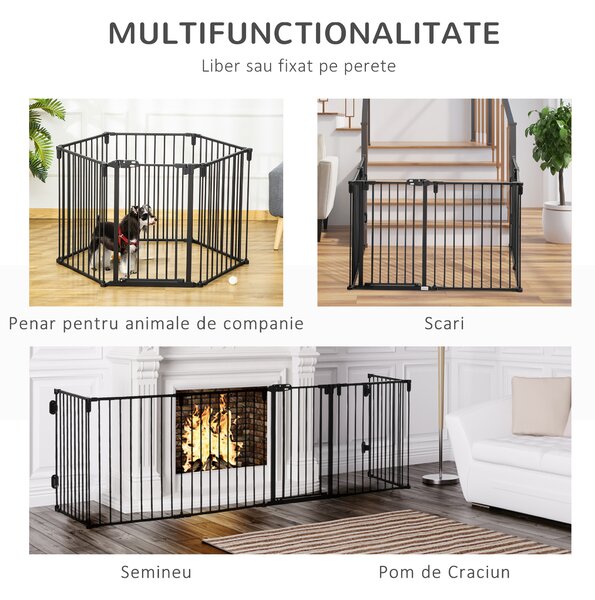PawHut Poartă de Siguranță Pliabilă cu 6 Secțiuni pentru Câini cu Sistem Automat de Blocare și Închidere, 362,5x2x76 cm, Negru | Aosom Romania