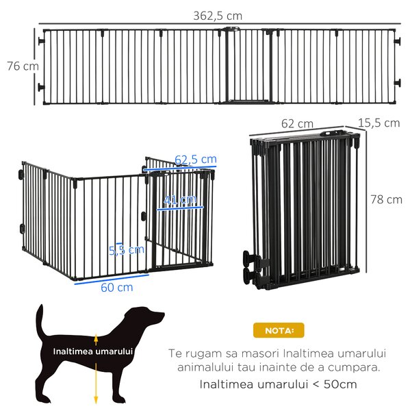 PawHut Poartă de Siguranță Pliabilă cu 6 Secțiuni pentru Câini cu Sistem Automat de Blocare și Închidere, 362,5x2x76 cm, Negru | Aosom Romania