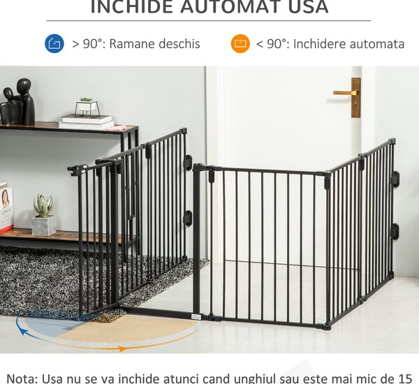 PawHut Poartă de Siguranță Pliabilă cu 6 Secțiuni pentru Câini cu Sistem Automat de Blocare și Închidere, 362,5x2x76 cm, Negru | Aosom Romania