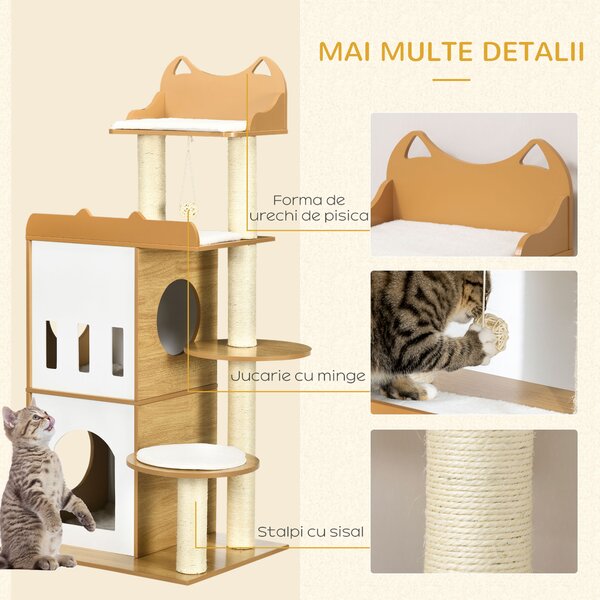 PawHut Ansamblu de Joacă pentru Pisici, MDF, Stâlpi de Zgâriat, 2 Casuțe, Platforme, Minge, 60x48x133 cm, Alb și Stejar | Aosom Romania