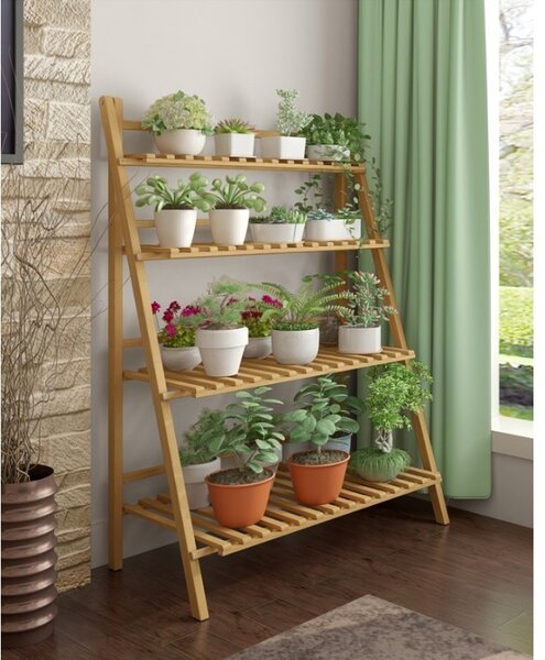 Suport pentru ghivece de flori si plante, raft modern din bambus, JollyMag, POL04, 122x47x70 cm