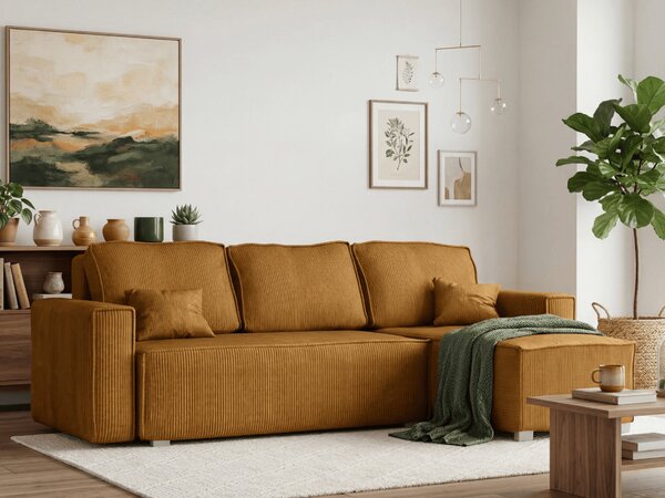 Canapea colt extensibila SMART COSARO mustar, cu colt bilateral + 2 perne CADOU