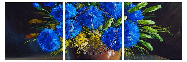 Tablou - Flori albastre în vază (cu ceas) (90x30 cm)