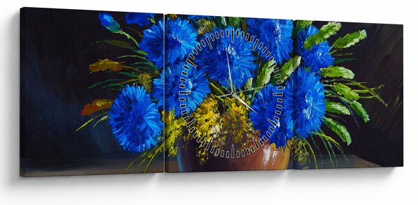 Tablou - Flori albastre în vază (cu ceas) (90x30 cm)