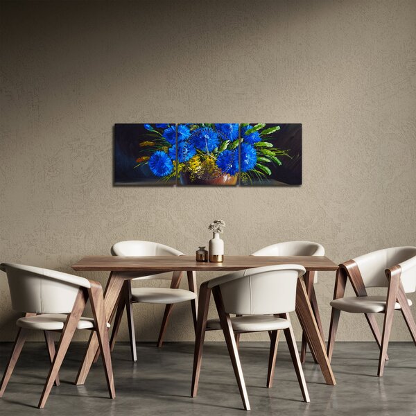 Tablou - Flori albastre în vază (cu ceas) (90x30 cm)