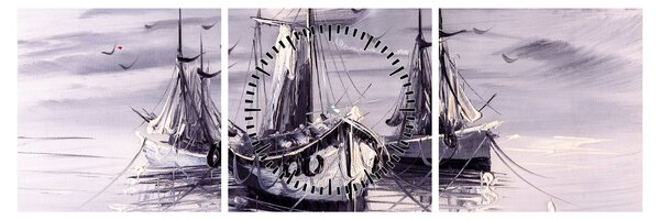 Tablou - Port marin, pictură în ulei (cu ceas) (90x30 cm)
