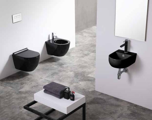 Set vas WC suspendat, Fluminia, Minerva, cu capac quick release si soft close, negru