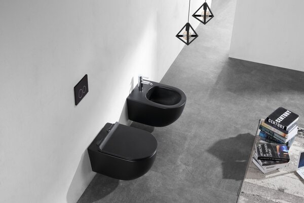 Set vas WC suspendat, Fluminia, Minerva, cu capac quick release si soft close, negru