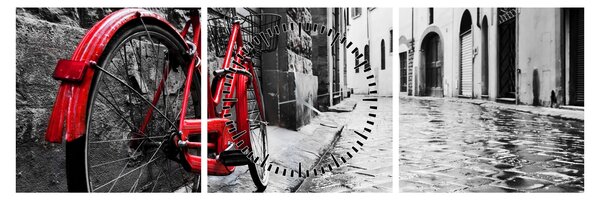 Tablou - Bicicleta roșie pe o stradă pavată (cu ceas) (90x30 cm)