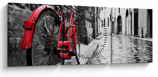 Tablou - Bicicleta roșie pe o stradă pavată (cu ceas) (90x30 cm)