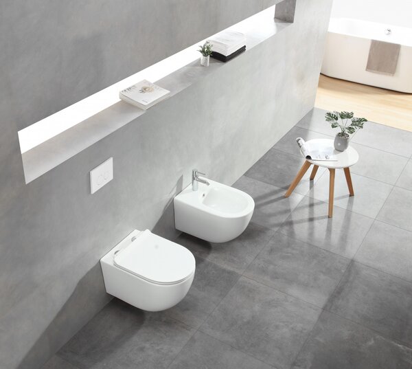 Set vas WC suspendat, Fluminia, Minerva, cu capac quick release si soft close, alb