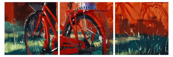 Tablou - Bicicleta roșie, pictură acrilică (cu ceas) (90x30 cm)