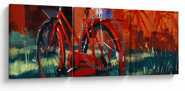 Tablou - Bicicleta roșie, pictură acrilică (cu ceas) (90x30 cm)