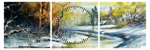 Tablou - Râu de iarnă, pictură în ulei (cu ceas) (90x30 cm)